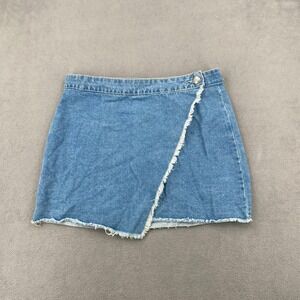 Cotton On The Denim Wrap Skirt Medium Wash Frayed Raw Hem Mini Skirt Size 8
